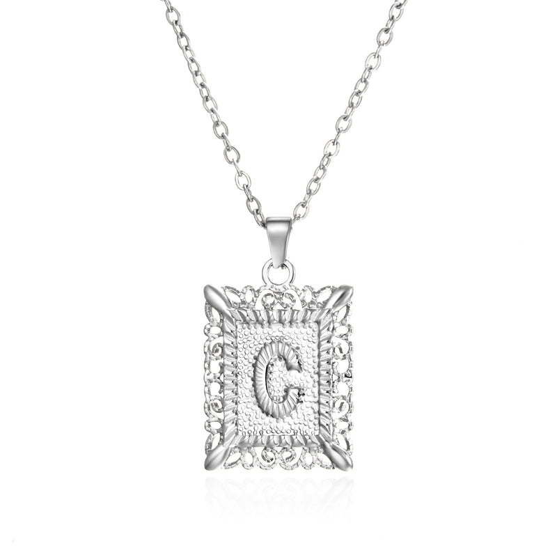 26 English Letters Stainless Steel Necklace Fashion Square Letters Hollow Pendant Necklace