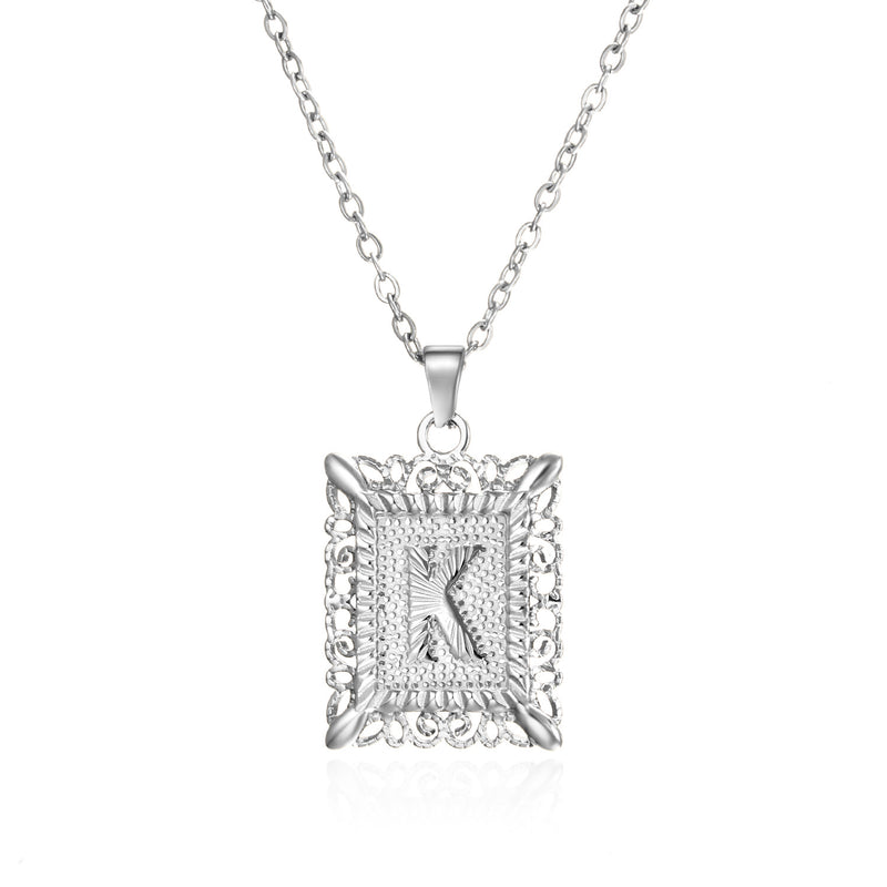 26 English Letters Stainless Steel Necklace Fashion Square Letters Hollow Pendant Necklace