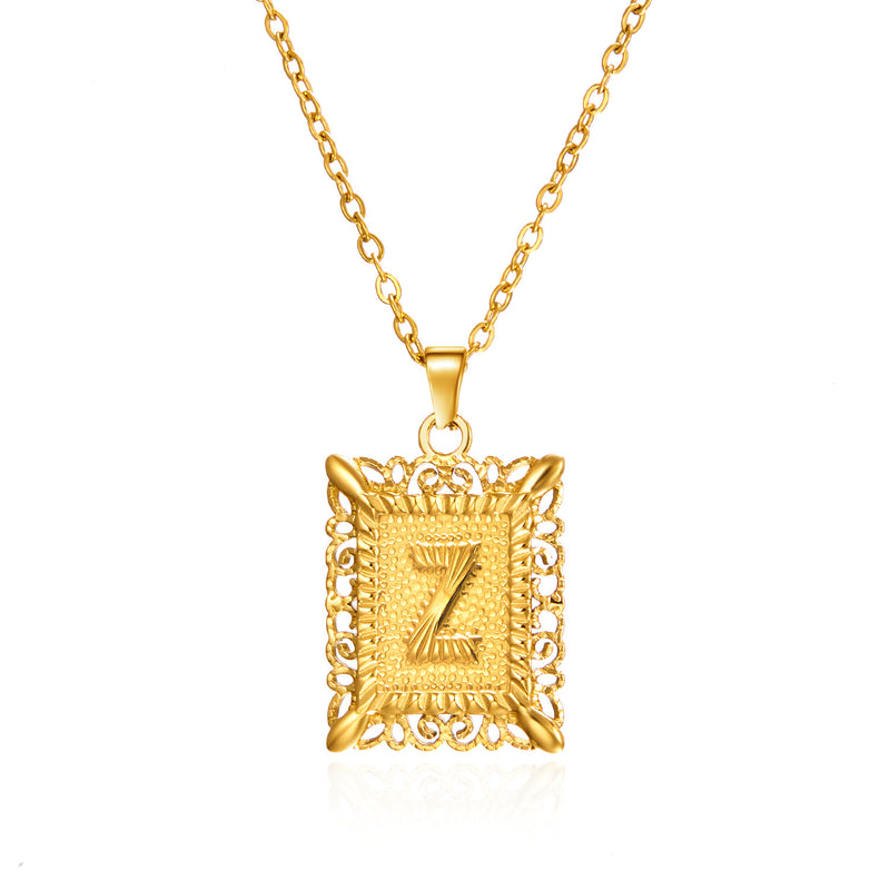 26 English Letters Stainless Steel Necklace Fashion Square Letters Hollow Pendant Necklace