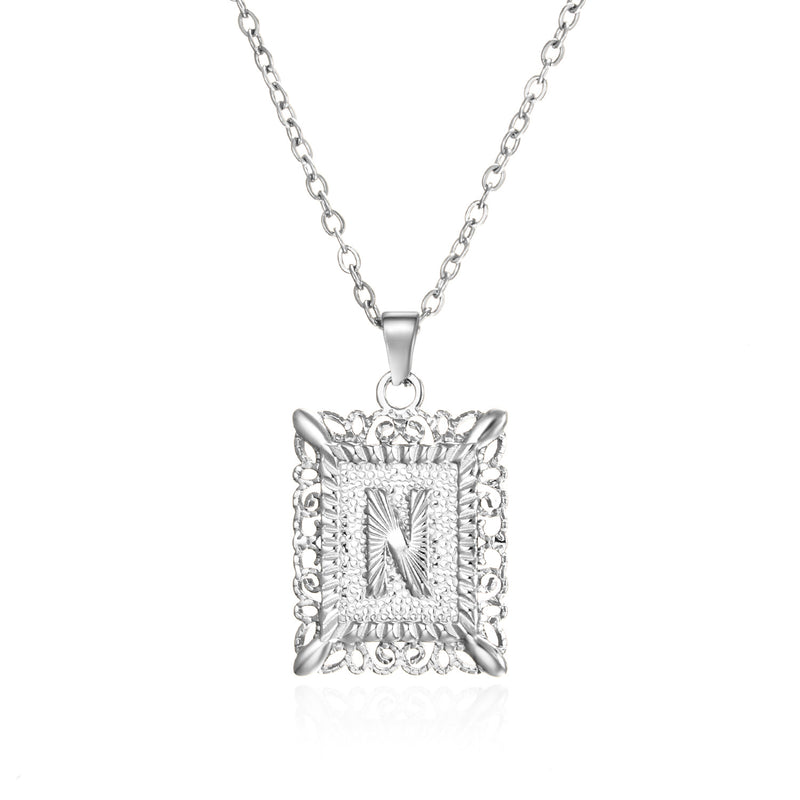 26 English Letters Stainless Steel Necklace Fashion Square Letters Hollow Pendant Necklace